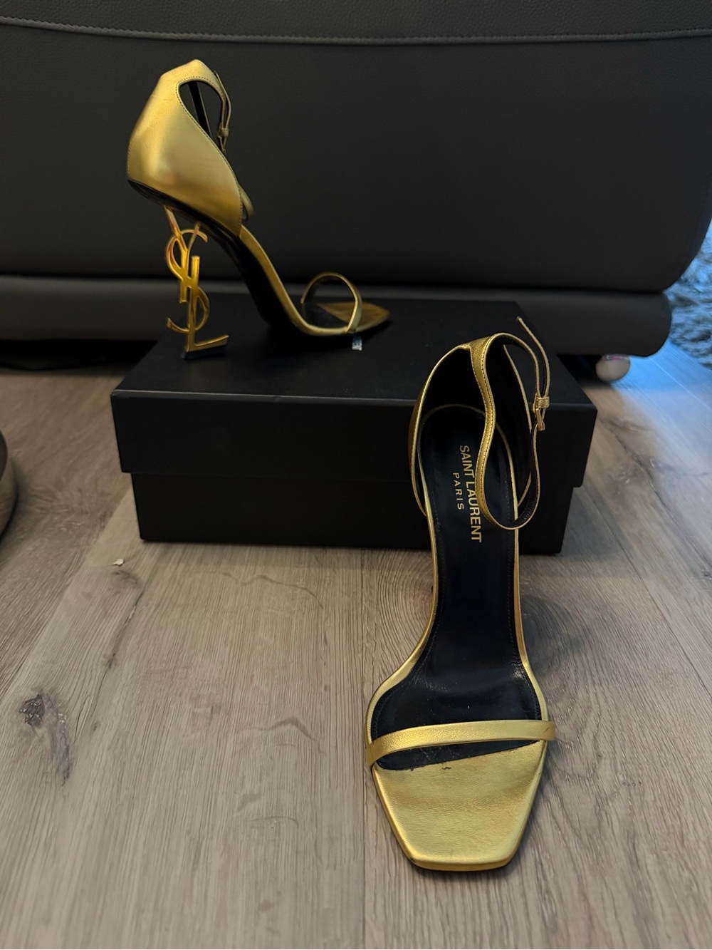 Saint Laurent Gold Opyum Ankle-Strap Sandals 110 YSL HEEL - Picture 2 of 9